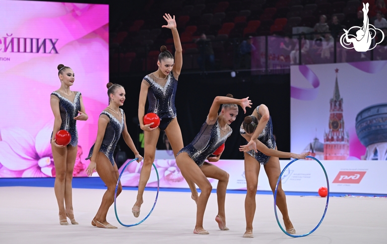 Group team gymnasts from the Ulyanovsk Region during an exercise with hoops and balls