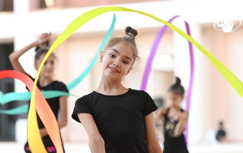 Ksenia Savinova during an exercise with a ribbon