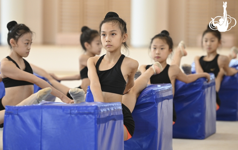 Chinese gymnasts stretching