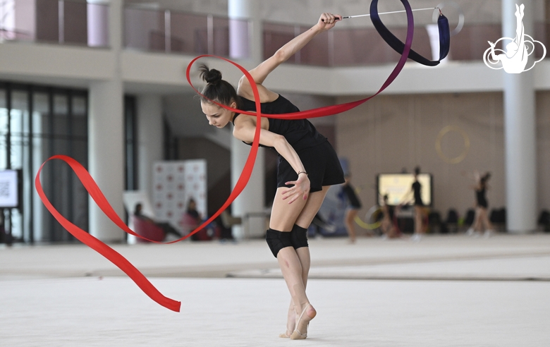 Mariia Borisova during an exercise with a ribbon during preparation training for the BRICS Games