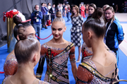 February 28, 2026. Olympic champion Alina Kabaeva next to the Academy group gymnasts at the Russian Championship in Moscow