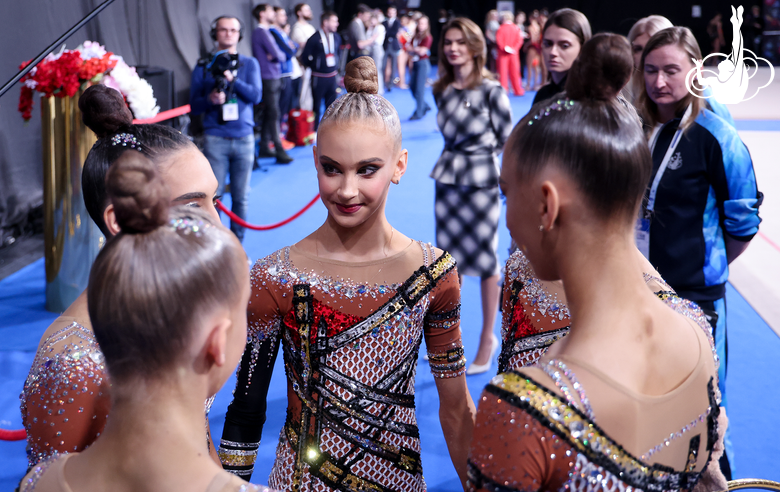 February 28, 2026. Olympic champion Alina Kabaeva next to the Academy group gymnasts at the Russian Championship in Moscow
