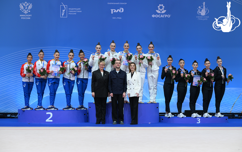 March 16, 2026. Olympic champion Alina Kabaeva, Vice-Governor of St. Petersburg Boris Piotrovsky and chief judge of the tournament, member of the technical committee of the World Gymnastics Natalia Bulanova during the group teams award ceremony