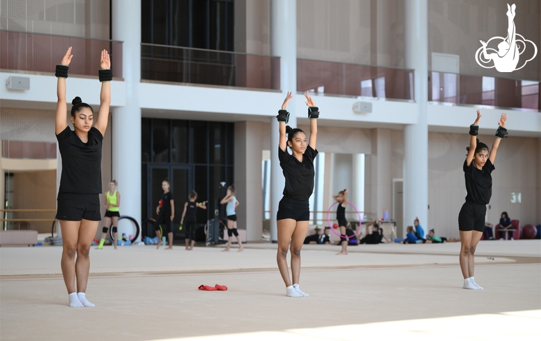 Gymnasts Kimaya Karle, Aryaa and Avani Nitesh Kadam during training at the Academy