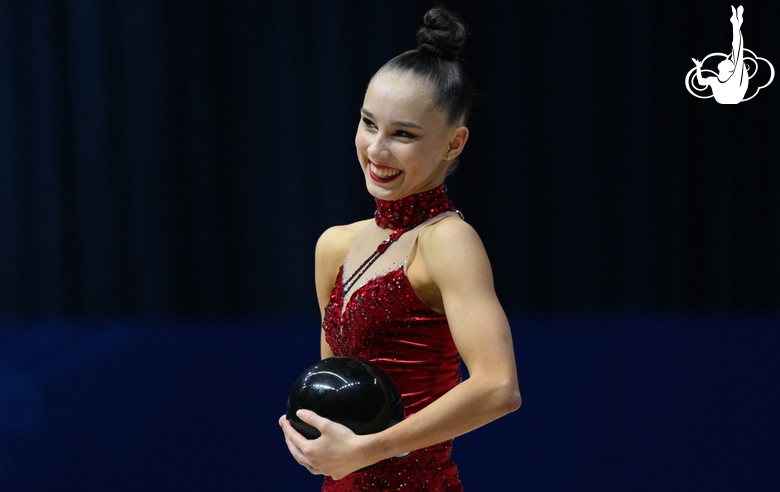 Mariia Borisova after an exercise with ball