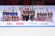 The all-around podium in the senior women's group exercises