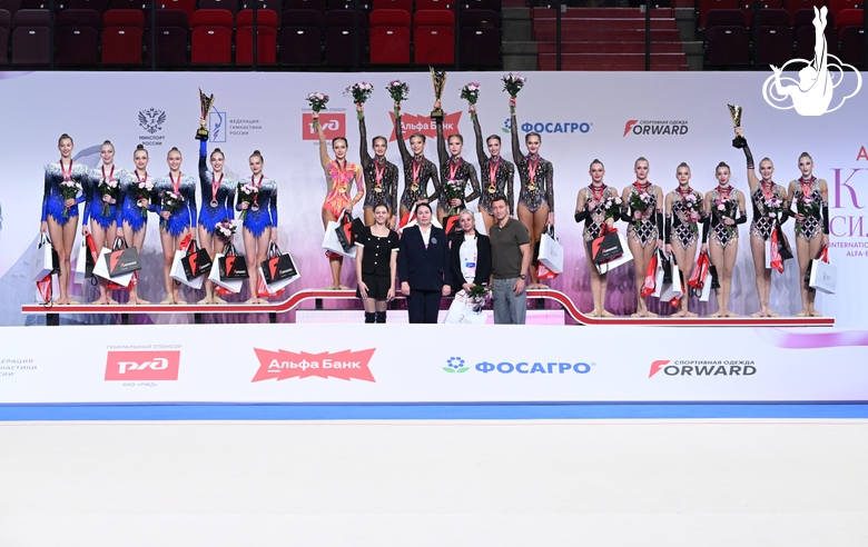 The all-around podium in the senior women's group exercises
