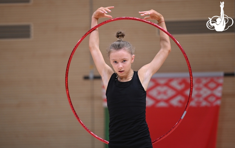 Gymnast during an exercise with a hoop during floor testing