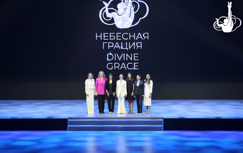 Evgenia Kanaeva, Ekaterina Serebryanskaya, Lorie Fang, Alina Kabaeva, Alexandra Timoshenko, Yulia Barsukova, and Margarita Mamun (left to right) at the Sky Grace international rhythmic gymnastics tournament