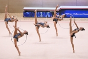 Gymnasts during an exercise with hoops