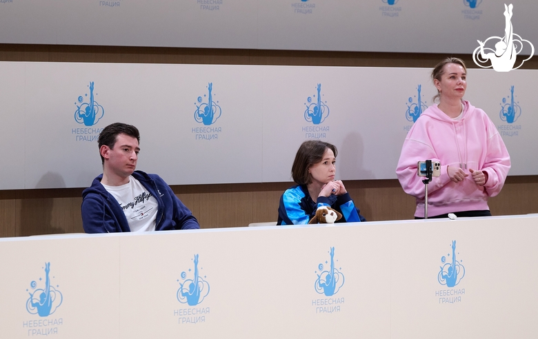 Russian national team choreographer Kirill Barkan and Academy coaches Olga Minigalina and Irina Gusarova during a control training session at the Academy
