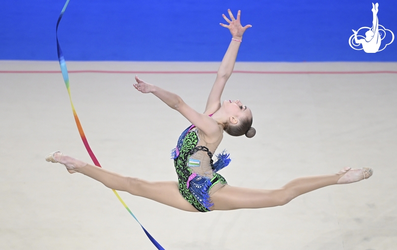 Natalia Usova during an exercise with a ribbon