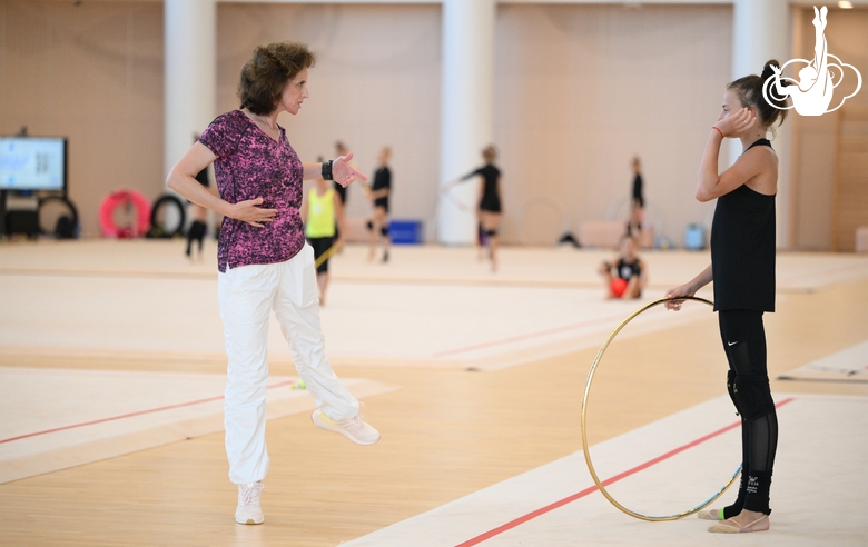 Senior coach of the Russian national team Marina Govorova and gymnasts Sofia Ilteryakova, Eva Chevtaeva and Alisa Stamat during the recovery camp at the Academy