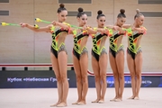 Gymnasts during an exercise with clubs