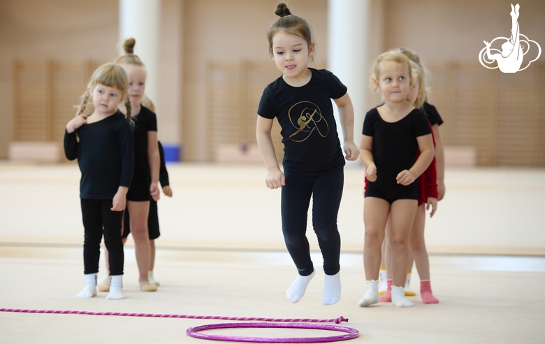 Young gymnasts during training