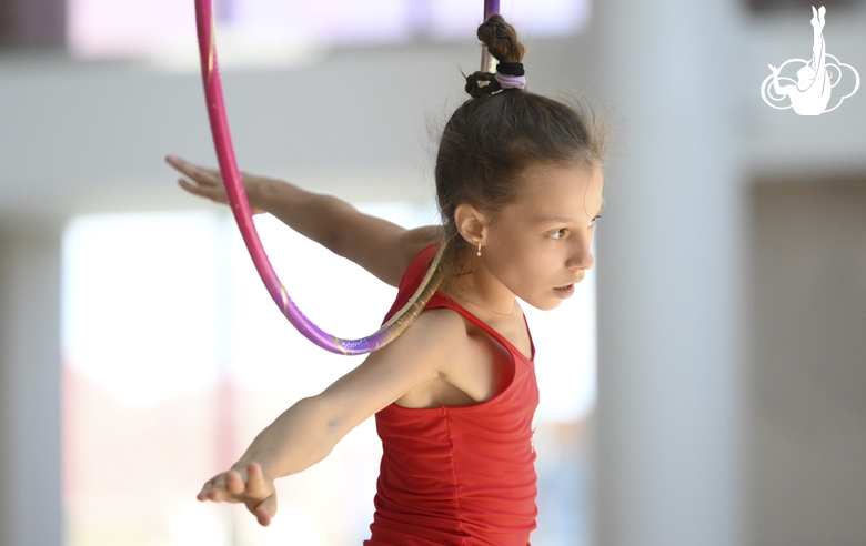 A gymnast during the hoop exercise