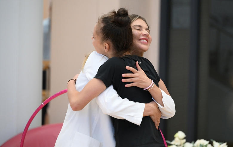 September 11, 2024. Olympic champion Alina Kabaeva congratulates Mariia Borisova on her successful performance at the VIII International Rhythmic Gymnastics Club Tournament A.S.D. V.E.R.A. in Italy