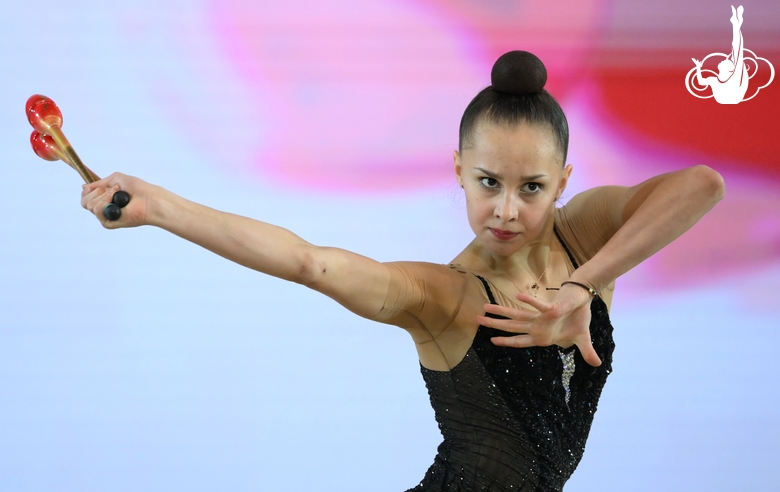 Mariia Borisova during the clubs exercise at the podium training