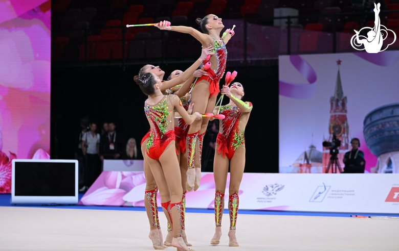 Russian national team group team gymnasts during a clubs exercise