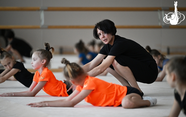 Gymnasts during the workout under guidance of choreographer Tatyana Grinko