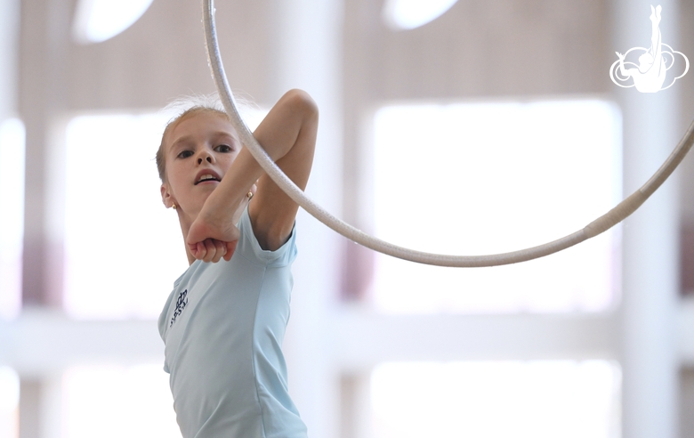 A gymnast during the hoop exercise