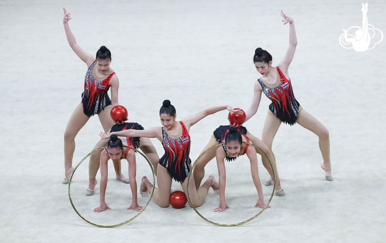 Group exercise gymnasts during the exercise with balls and hoops