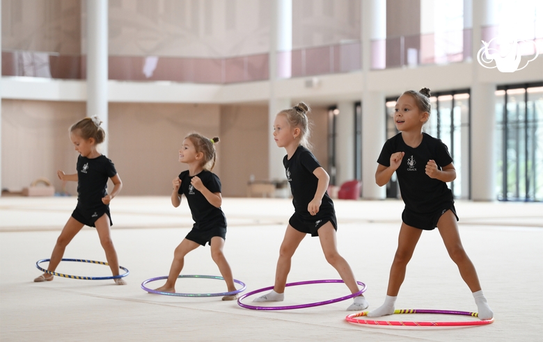 Young gymnasts during training