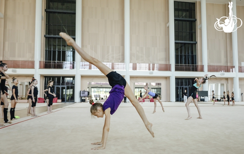 Gymnast practicing an element on the mat