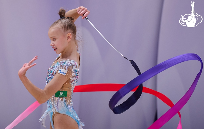 Kristina Voitenko during an exercise with a ribbon during a control training session