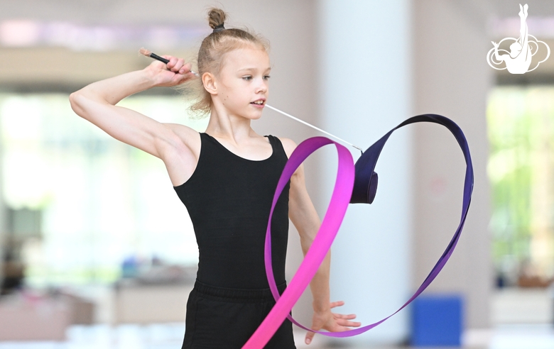 Kristina Voitenko during an exercise with a ribbon during preparation training for the BRICS Games