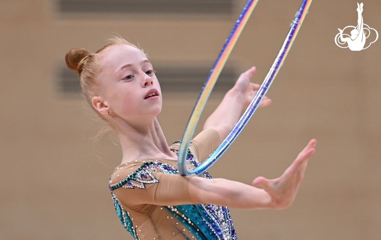 Olga Chernykh with a hoop during at the assessment training session.