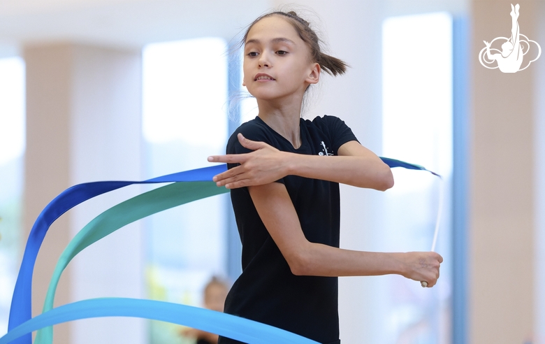 Valeria Medvedeva during an exercise with a ribbon