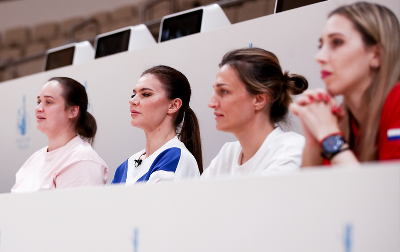 Marina Shpekht, Alina Kabaeva, Irina Dziuba and Olga Frolova evaluate the performance of gymnasts at an assessment training session