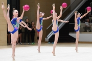 Group performance of an exercise with a ball during a performance at the All-Russian Formula of Victory competition