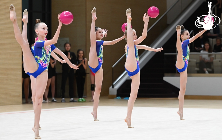 Group performance of an exercise with a ball during a performance at the All-Russian Formula of Victory competition