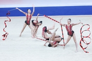 Group exercise gymnasts during the ribbon exercise