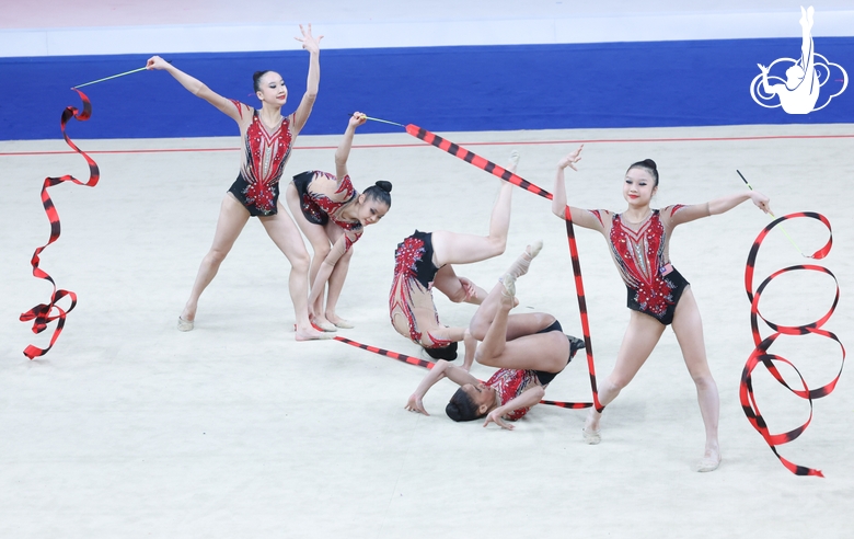 Group exercise gymnasts during the ribbon exercise