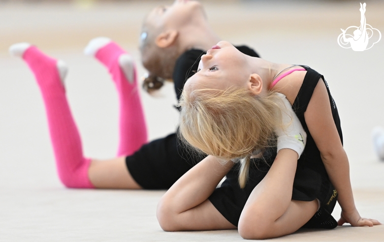 Young gymnasts during training