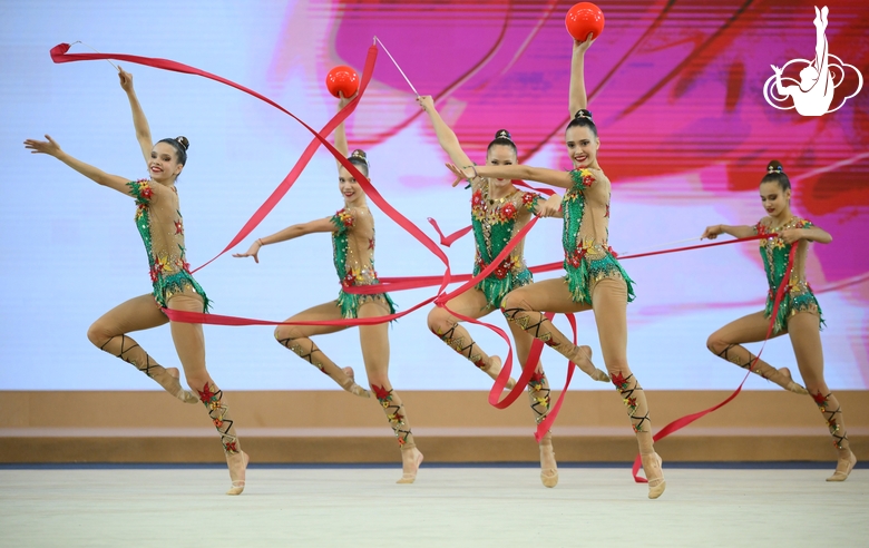 The group exercise gymnasts from Saint-Petersburg during the balls and ribbons exercise