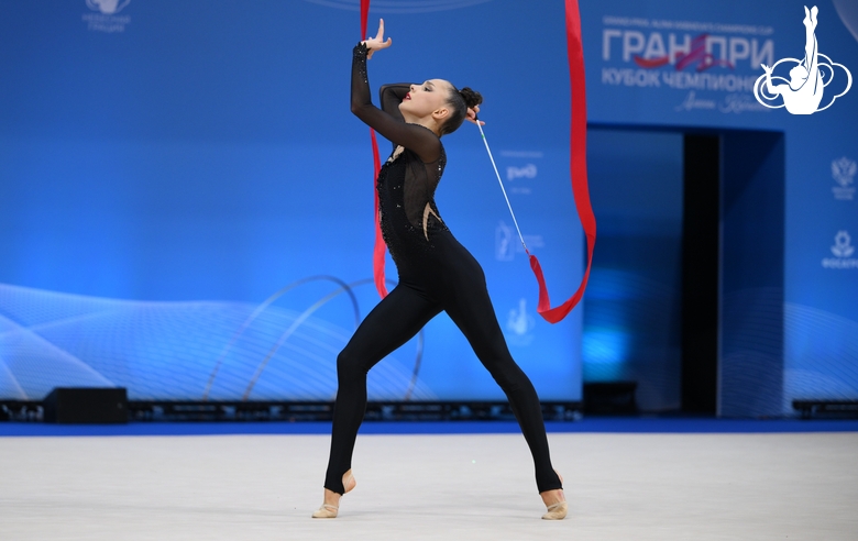 Mariia Borisova during an exercise with a ribbon