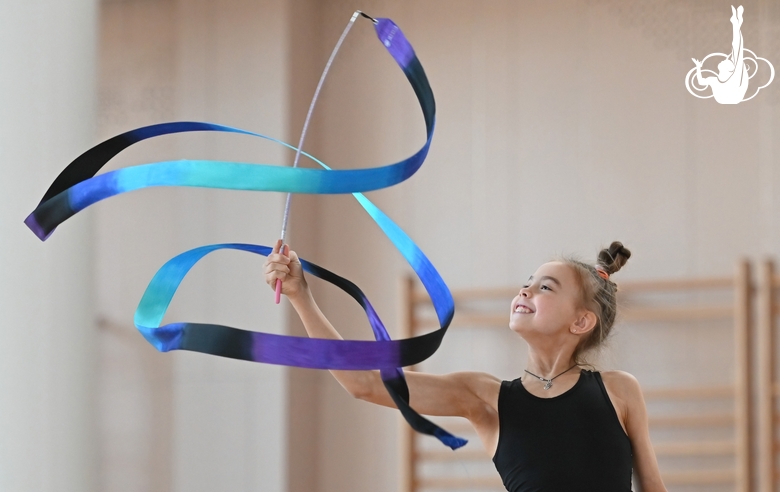 Elvira Belyaeva during an exercise with a ribbon