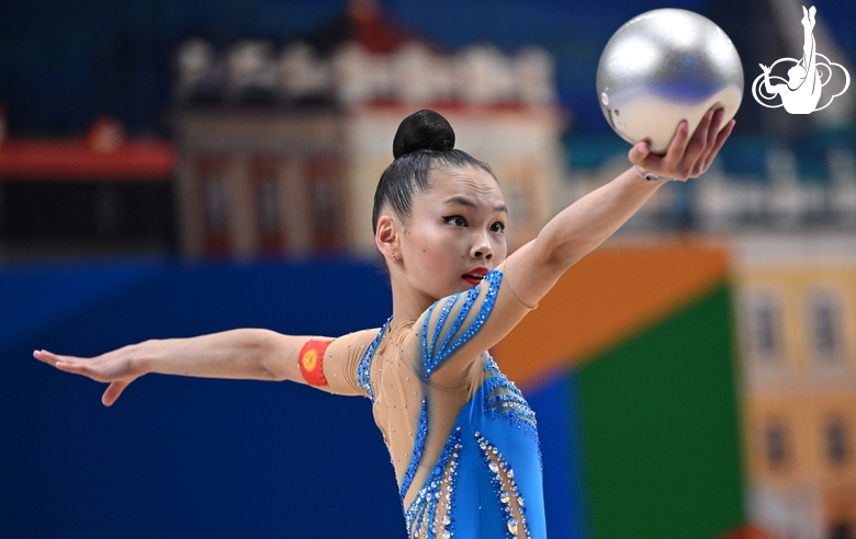 Gymnast during an exercise with a ball