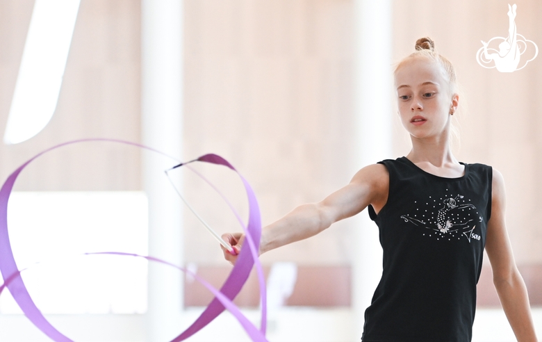 Olga Chernykh during an exercise with a ribbon