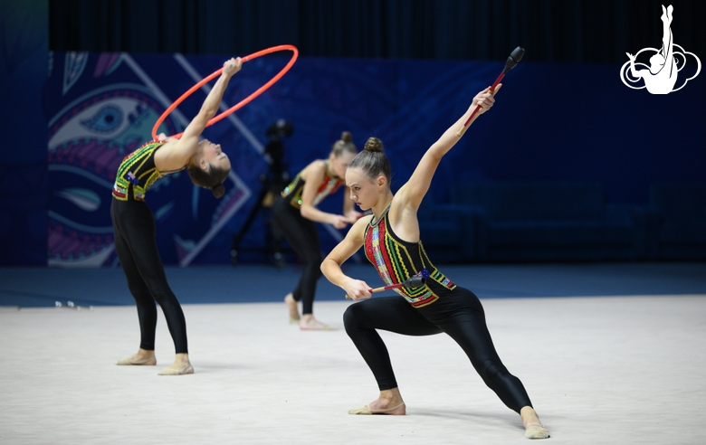 Team Australia during an exercise with hoops and clubs