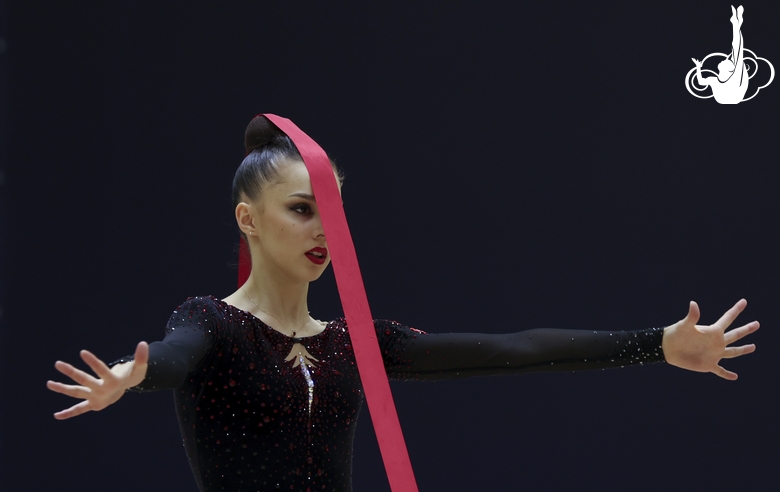 Mariia Borisova during an exercise with a ribbon