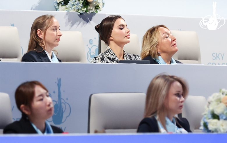 Olympic champion Alina Kabaeva watches the performances of the participants together with the judges