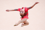 A jumping element performed by a young athlete at a control training