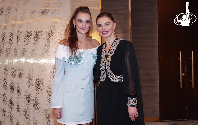 Olympic champion Alina Kabaeva and Alina Harnasko after the awards ceremony of the international Sky Grace Cup tournament in Doha