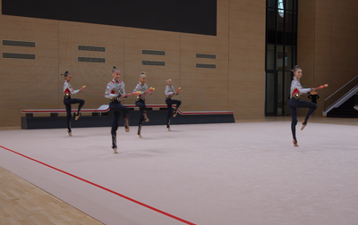 Olympic champion Alina Kabaeva working with group gymnasts before the tournament in Omsk