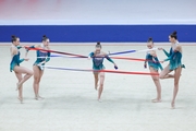Group exercise gymnasts during the ribbon exercise